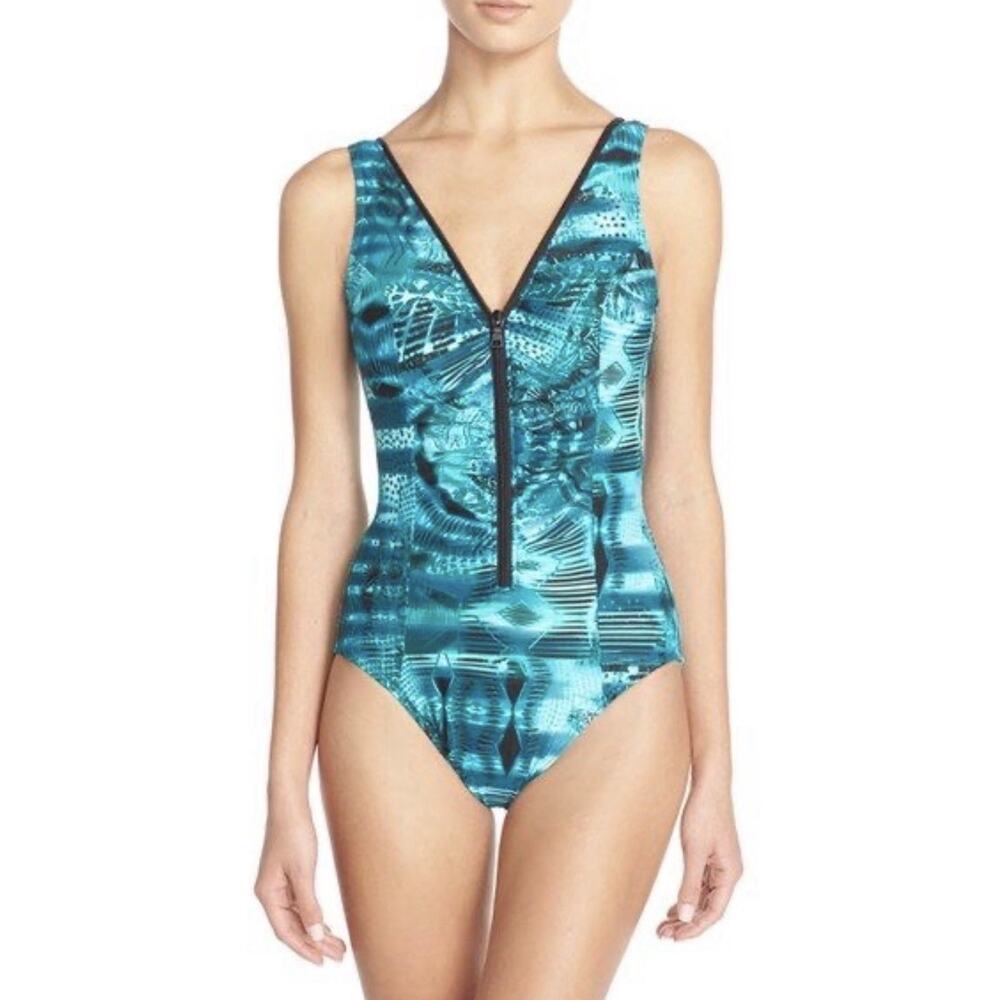 Miraclesuit ‘Short Circuit Blitz' Print One-Piece Swimsuit Zipper Neckline Sz 12